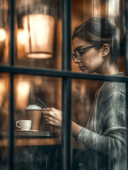 Woman Enjoying Coffee and Smartphone at a Cafe Window