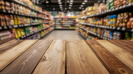 Wooden Tabletop in Front of a Supermarket Aisle