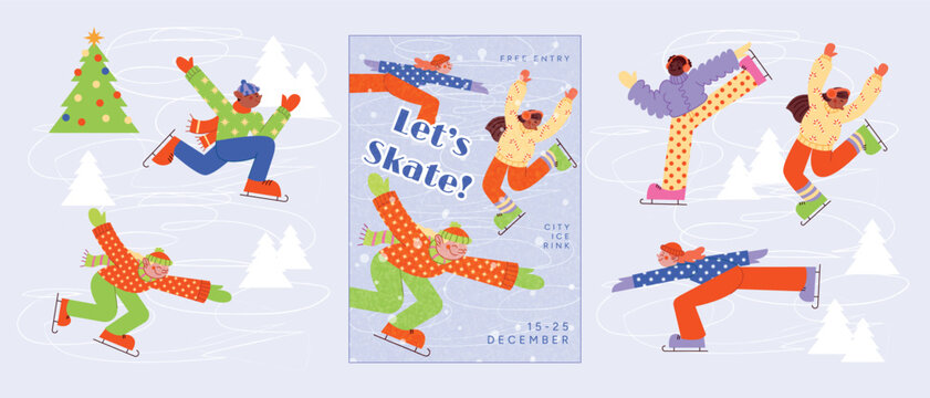 Diverse people skating on ice rink among fir trees with poster Lets Skate. Fun outdoor winter activity, festive Christmas mood and snow. Vector illustration for holiday card, banner, poster