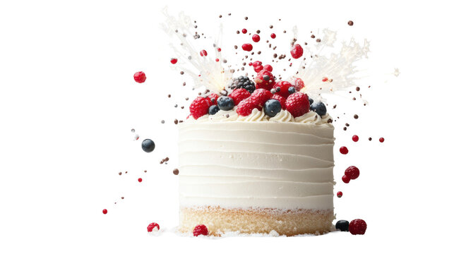 Festive cake with berries and sparklers on transparent background
