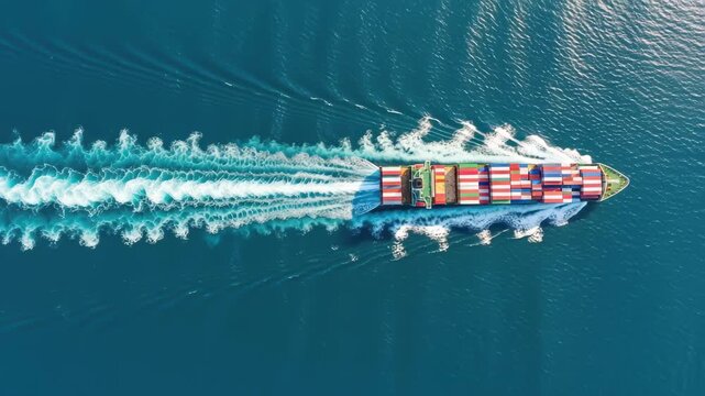 Aerial top down of container cargo ship carrying containers sailing in open sea, concept of modern logistics, import export, shipping or transportation ai generated vedio