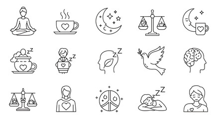 Collection of wellness icons depicting yoga, sleep, balance, and self care in a simple outline style created with generated ai