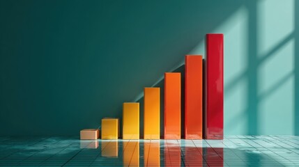 A series of vertical bar charts display increasing heights from left to right,