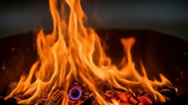 Close-up of a vibrant bonfire with glowing embers and dancing flames, creating a warm and inviting atmosphere.