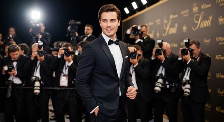 Elegant red carpet event with celebrity arrival and paparazzi in black tie