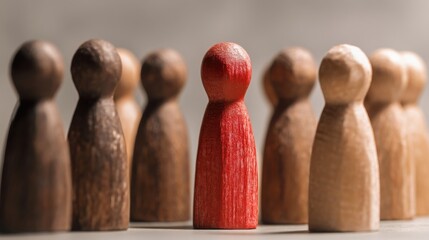A row of miniature wooden chess pawns in muted browns and tans features a single vibrant red figure standing prominently