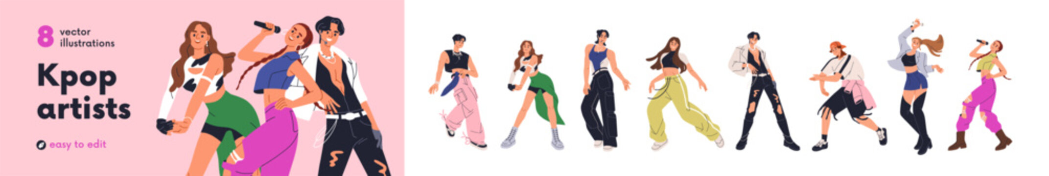 Trendy kpop dancers and singers set. Korean pop culture. Young male and female k-pop idols performance, dance. Modern popular Korea music stars. Flat vector illustrations isolated on white background.