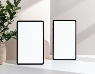 Two Digital Tablets with Blank Screens Beside Potted Plant on White Surface and Shadowed Background
