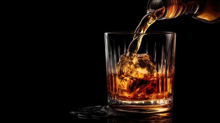 Whiskey pouring on black background with golden light