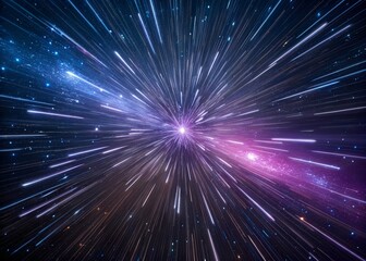 Fototapeta premium Photo of abstract visualization of hyperspace travel or warp speed through a starfield with streaks of light