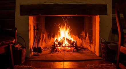 Cozy Fireplace with Burning Logs in a Rustic Room with Warm Orange Glow and Wood Mantel