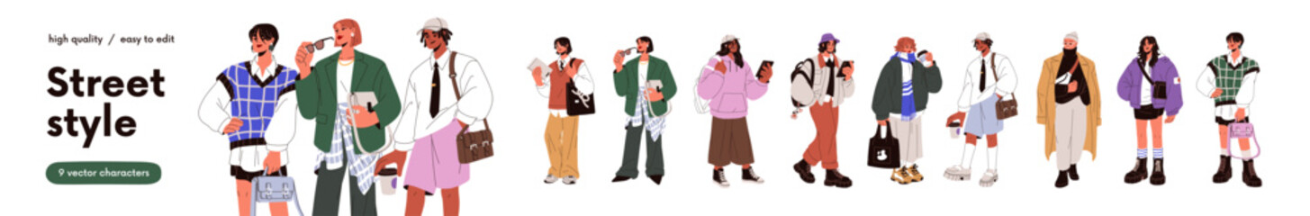 Fototapeta na wymiar Fashion street-style outfits on young people set. Urban men and women wearing modern stylish apparel. Youth in trendy casual clothes, accessories. Flat vector illustration isolated on white background