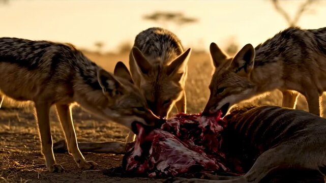 Wild jackals gather around a carcass sharing a meal at sunset. Natural habitat in the savannah with golden light creating dramatic shadows