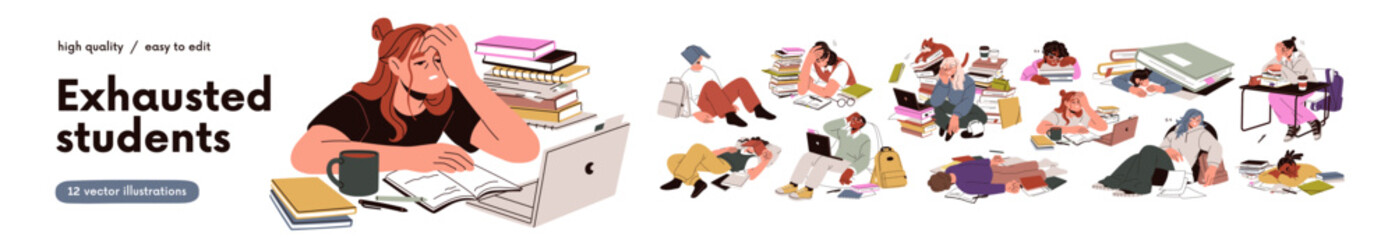 Obraz na płótnie Canvas Tired exhausted students studying in stress set. Bored fatigue lazy male and female preparing for exam, sleeping in chaos among academic books. Flat vector illustrations isolated on white background.