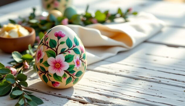 An Easter scene with a beautifully decorated egg prominently placed on a wooden surface adorned with greenery.