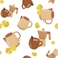 Bright lemon and teapot seamless pattern — cozy tea time background with citrus elements.