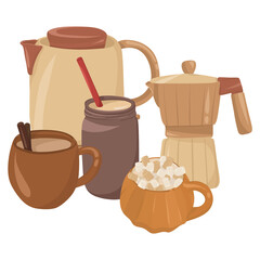 Hot drinks illustration — teapots, mugs, and coffee pot in warm cozy tones for café or kitchen design.