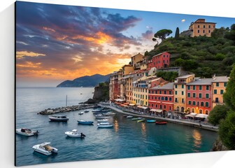 Photo of picturesque italian coastal village at sunset with colorful buildings and boats in the harbor