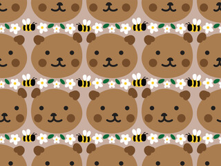 Cute , nice, smiling happy, adorable brown cartoon bear, chamomile flower and bee. Seamless vector pattern for design and decoration. 