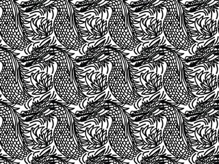 Dragon. Black and white.  Seamless vector pattern.