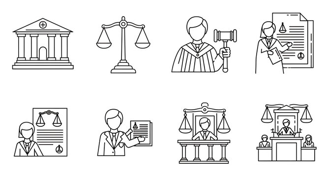 Collection of legal icons depicting courthouse judge scales and courtroom scenes in outline style created with generated ai