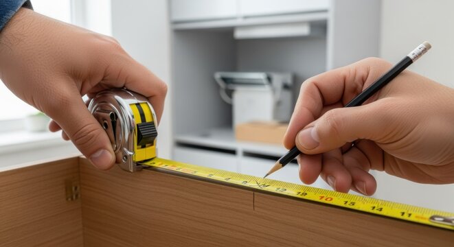 Hands measuring cabinet dimensions and marking drill points for precise mounting of a ductless rangehood in a compact kitchen setup. - Powered by Adobe