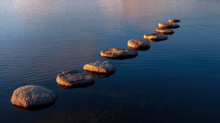 Large rectangular stepping stones placed on calm water create a serene and peaceful pathway through nature.