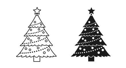 Obraz premium Two decorated Christmas trees one in outline and one in silhouette each with a star on top and garland lights adorning its branches.