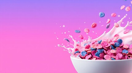 Colorful cereal splashing into milk against a vibrant gradient background, evoking a playful breakfast scene