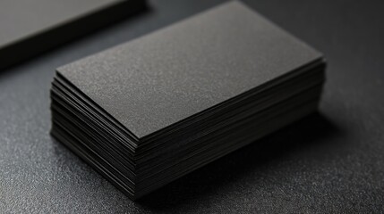 A neatly stacked pile of black squares with textured surfaces on a dark grey background, sharp edges,