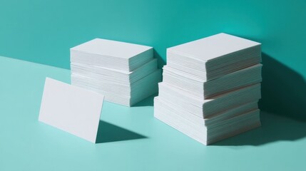 A stack of glossy white cards sits beside another pile on a turquoise office desk with an additional card standing uprig