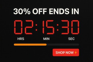 Countdown banner with 30% OFF ENDS IN and a SHOP NOW offer, modern digital style, urgent retail discount promotion.