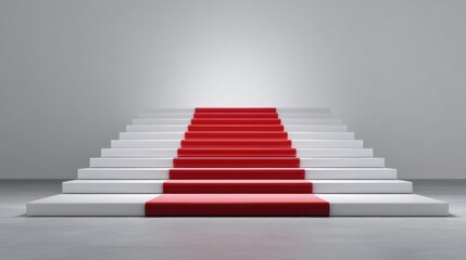 A long set of white stairs covered with red carpet ascends against a grey backdrop,
