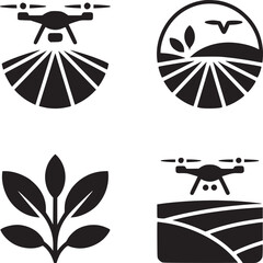 Four black and white agricultural icons depicting drones, crops, and a field in a circle design