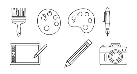 Outline illustration of art and photography tools including brush palette and camera on black background created with generated ai