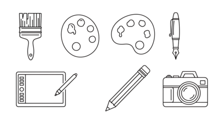 Outline illustration of art and photography tools including brush palette and camera on black background created with generated ai