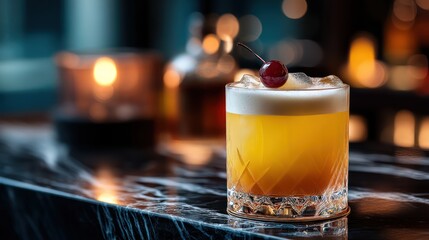 Whiskey sour served on marble bar counter