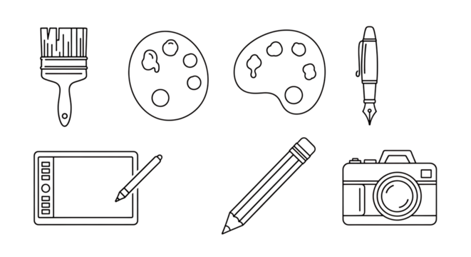 Outline illustration of art and photography tools including brush palette and camera on black background created with generated ai