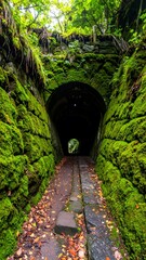 Moss-covered tunnel, pathway into darkness. Lush green moss clings to stone walls framing a narrow tunnel.  A pathway leads into the dark interior