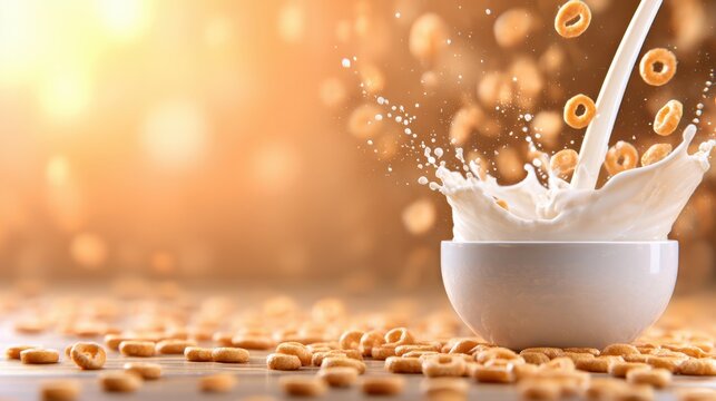 A bowl of cereal splashes milk as Cheerios scatter around, creating a lively morning breakfast scene