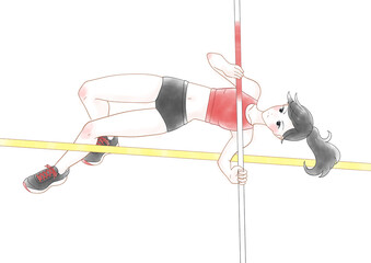 棒高跳びをする女子の水彩風イラスト