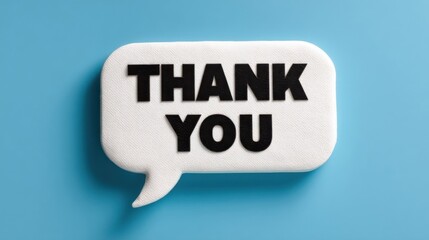White speech bubble with bold black THANK YOU text against solid blue background,
