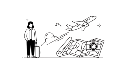 A traveler with a suitcase, an airplane, a map, and a camera in a black and white illustration created with generated ai
