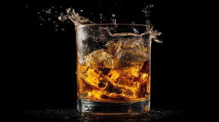 Whiskey splash in elegant glass on black background