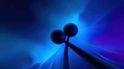 Abstract atomic model with two black spheres connected by metallic rods against a blue gradient background radiating lig