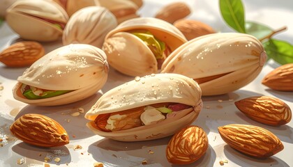 Illustration of scattered almonds on a kitchen table under warm sunlight, realistic digital artwork with detailed textures and soft shadows, depicting organic food and natural lifestyle concept.