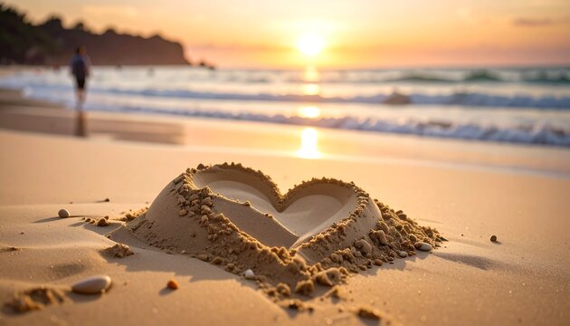 Sand heart shape on beach at sunset