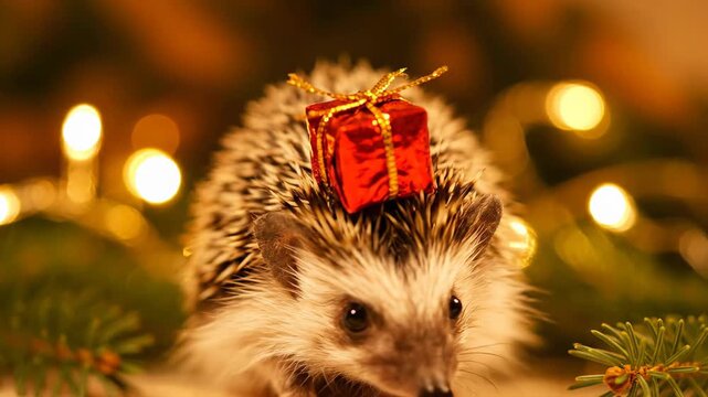 Festive Christmas holiday season, cute hedgehog with a gift and bokeh lights background video footage.