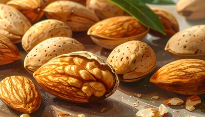 Illustration of scattered almonds on a kitchen table under warm sunlight, realistic digital artwork with detailed textures and soft shadows, depicting organic food and natural lifestyle concept.