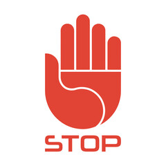 Red stop hand symbol with white text stop on white background vector